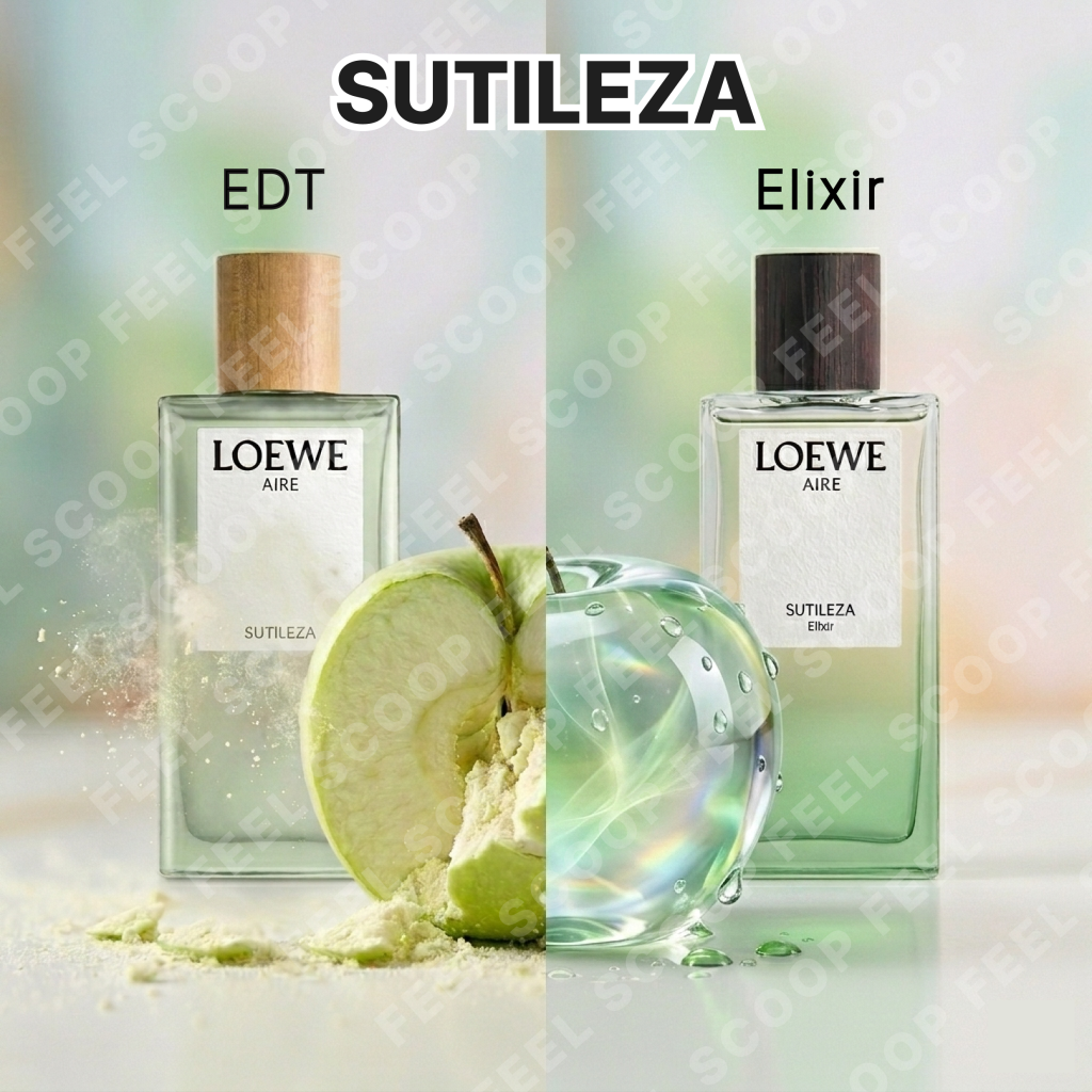 로에베(LOEWE) 아이레 수틸레사(Aire Sutileza) 향수의 EDT와 엘릭시르(Elixir) 모델을 비교하는 썸네일 이미지. 중앙에 반으로 나뉜 청사과 오브제가 놓여 있으며, 왼쪽은 밝고 뽀얀 가루가 흩날리는 느낌의 EDT 배경, 오른쪽은 영롱한 물방울과 맺힌 유리 구슬 같은 느낌의 엘릭시르 배경입니다. 상단에는 'SUTILEZA', 'EDT', 'Elixir' 텍스트가 명시되어 두 제품의 차이를 시각적으로 보여줍니다.