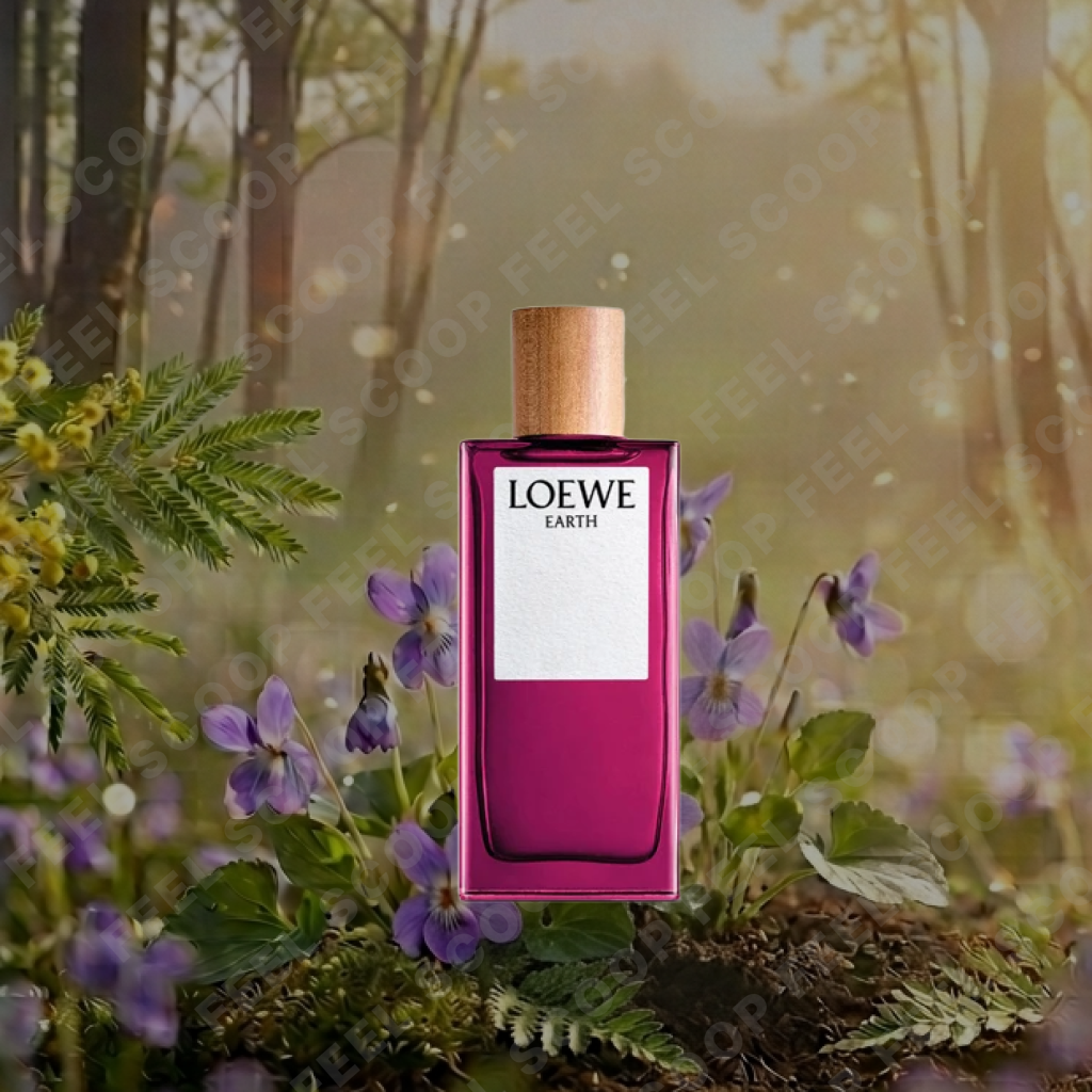 햇살이 내리쬐는 밝은 정원을 배경으로 한 로에베(LOEWE) 어스 EDP 향수 병. 주변에는 보라색 바이올렛 꽃과 미모사가 피어 있으며, 맑고 투명한 분위기의 'Earth' 오 드 퍼퓸의 느낌을 시각화한 이미지입니다.