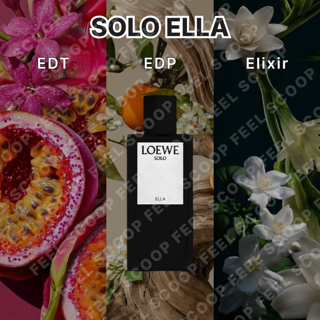 로에베 솔로 엘라(LOEWE Solo Ella) 향수 3종 비교 분석 썸네일. 왼쪽부터 패션프루트 배경의 EDT, 오렌지와 나무 배경의 EDP, 어두운 배경에 화이트 플로럴이 돋보이는 Elixir가 세로로 분할되어 배치됨. 중앙에는 검은색 로에베 솔로 엘라 보틀과 'SOLO ELLA' 텍스트가 강조되어 있음